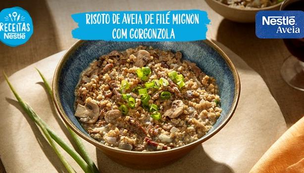 Fotografia da risoto e logo de Receitas Nestlé e Aveia