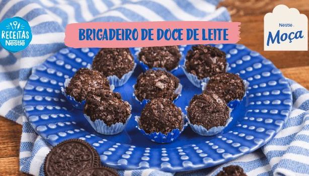 Imagem da receita de Brigadeiro ao centro com o título centralizado no topo e os logotipos das marcas ao lado