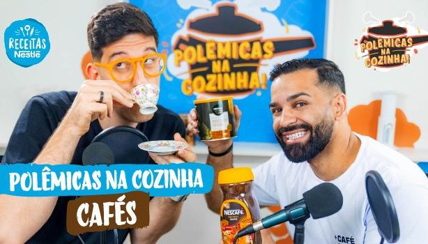 Cafés - Polêmicas na Cozinha com o barista Rogério Oliveira Imagem dos apresentadores lado a lado com o texto abaixo escrito "polêmicas na cozinha" e o título do episódio em seguida