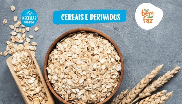 Fotografia com alguns cereais e o logo de Receitas Nestlé e Que Bem Que Faz.