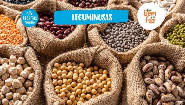 Fotografia com algumas leguminosas e o logo de Receitas Nestlé e Que Bem Que Faz.