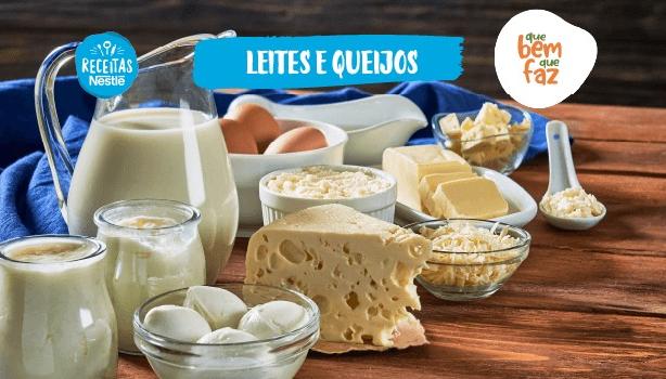 Fotografia com leite e queijo e o logo de Receitas Nestlé e Que Bem Que Faz.