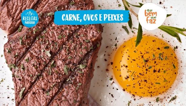 Fotografia com carne e ovos e o logo de Receitas Nestlé e Que Bem Que Faz.