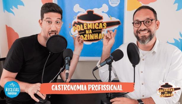 Gastronomia Profissional - Polêmicas na Cozinha com o Chef Edu Cabral Imagem dos apresentadores lado a lado com o texto abaixo escrito "polêmicas na cozinha" e o título do episódio em seguida