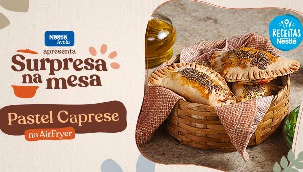 Imagem em tons claros com o título do programa PASTEL CAPRESE com a foto da receita e elementos de marca e cozinha