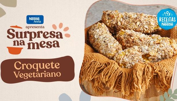 Imagem em tons claros com o título do programa Croquete Vegetariano com foto da receita e elementos de cozinha