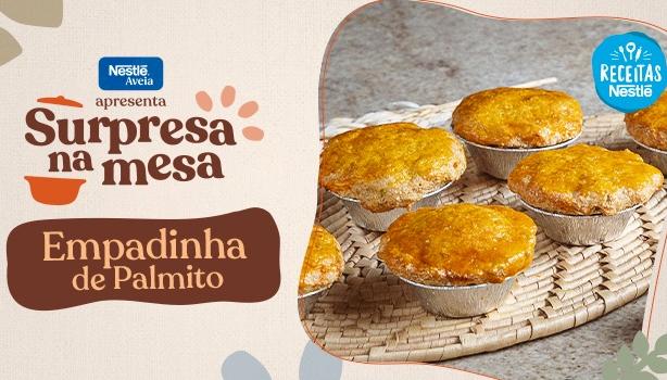 Imagem em tons claros com o título do programa Empadinha de Palmito com foto da receita e elementos de cozinha