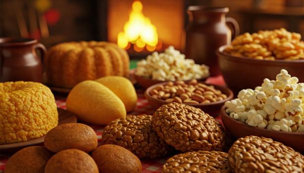 Imagem de uma mesa de festa junina com pipoca, bolo, amendoim e comidas típicas.