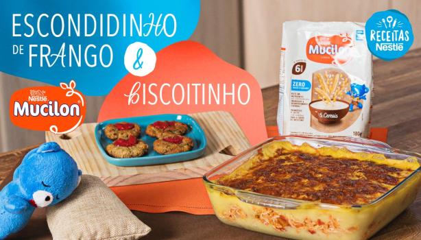 Fotografia de biscoito e escondidinho de frango e ao lado o nome da receita e logos de marca.
