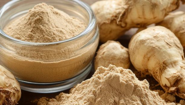 Raízes de maca peruana e pó em recipiente e montinho sobre mesa rústica de madeira.
