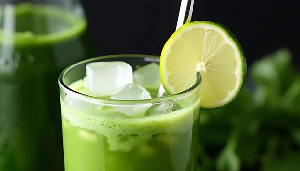 Copo de suco verde detox com gelo e rodela de limão, cercado por limões, gengibre e folhas verdes sobre tábua de madeira.