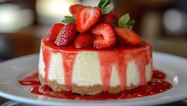 Imagem de uma torta com calda e morangos decorando.