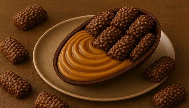 Meio ovo de Páscoa recheado com doce de leite e decorado com chocolates crocantes Chokito sobre prato marrom.