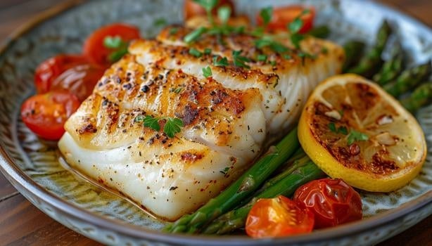 Prato rústico com posta de peixe grelhada acompanhada de aspargos, tomatinhos e rodela de limão.