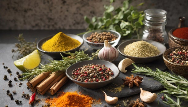 Seleção de temperos naturais com pimenta, cúrcuma, canela, alho e alecrim em composição culinária.