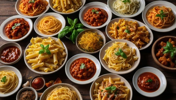 Seleção de massas italianas, como espaguete, penne, fettuccine e fusilli, acompanhadas de molhos e folhas de manjericão sobre