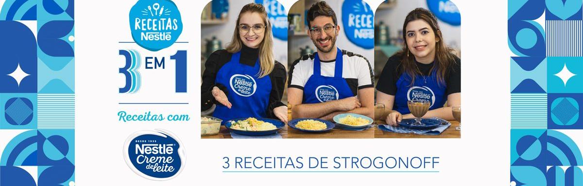 Montagem com três fotos de pessoas com pratos de comida, em tons de azul e branco e com os dizeres do nome do programa e logo