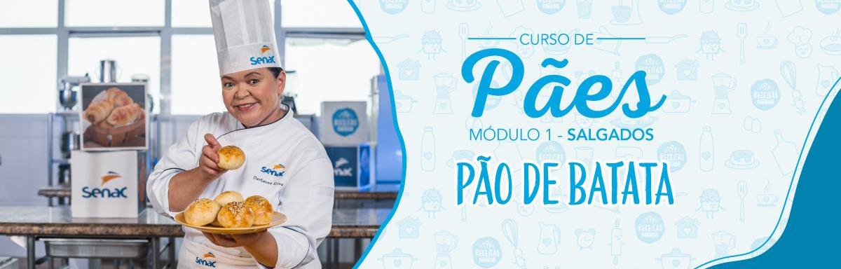 Montagem com a imagem de uma chefe com uniforme branco à esquerda e à direita o título da aula de pão de batata