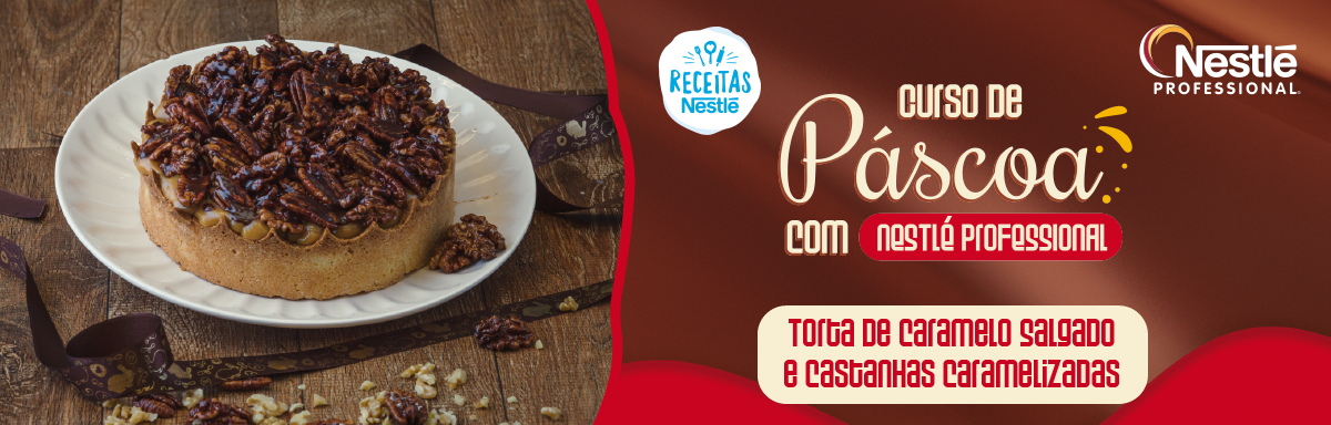  Montagem com a imagem da receita de páscoa à esquerda, atrás de uma bancada com receitas, com o nome do curso à direita e os