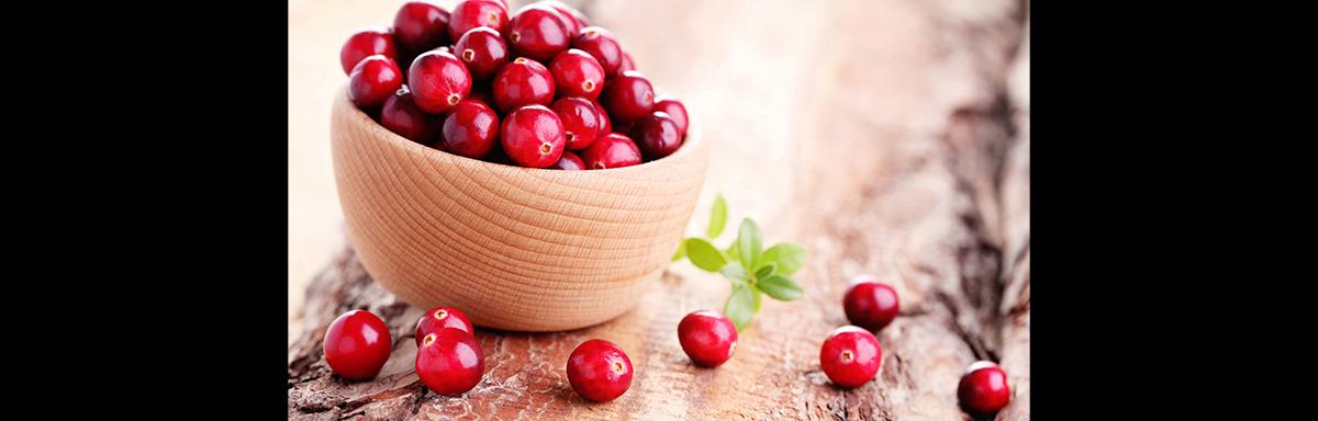 Tigela de madeira com cranberries frescos sobre superfície rústica, com algumas frutas espalhadas ao redor.