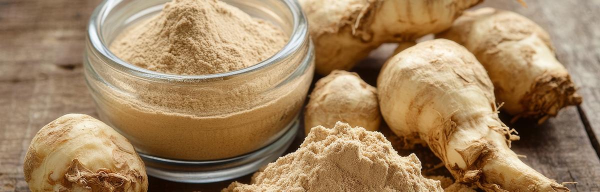 Raízes de maca peruana e pó em recipiente e montinho sobre mesa rústica de madeira.