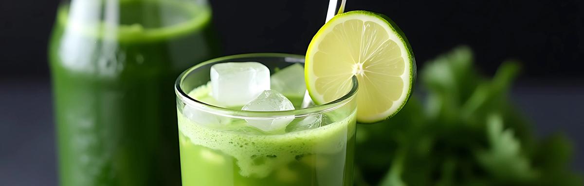 Copo de suco verde detox com gelo e rodela de limão, cercado por limões, gengibre e folhas verdes sobre tábua de madeira.