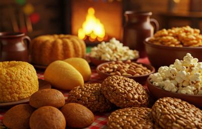 Imagem de uma mesa de festa junina com pipoca, bolo, amendoim e comidas típicas.