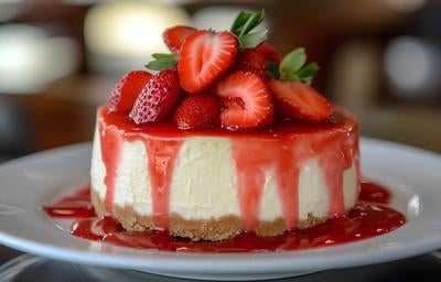 Imagem de uma torta com calda e morangos decorando.