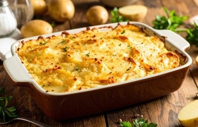 Travessa de batata gratinada dourada, servida em recipiente de cerâmica, decorada com salsa, sobre mesa rústica de madeira.