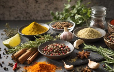 Seleção de temperos naturais com pimenta, cúrcuma, canela, alho e alecrim em composição culinária.