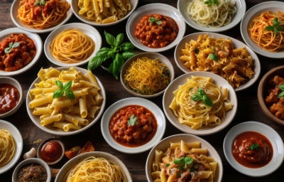 Seleção de massas italianas, como espaguete, penne, fettuccine e fusilli, acompanhadas de molhos e folhas de manjericão sobre