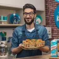 Montagem com a imagem de um chefe com uniforme jeans à esquerda e à direita o título da aula de torta integral de atum