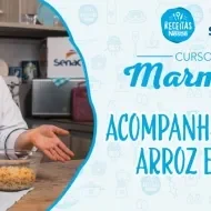 Montagem com a imagem de uma chefe com uniforme branco à esquerda e à direita o título da aula.