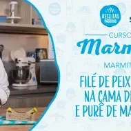 Montagem com a imagem de uma chefe com uniforme branco à esquerda e à direita o título da aula.