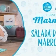 Montagem com a imagem de uma chefe com uniforme branco à esquerda e à direita o título da aula.