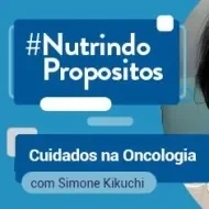Fotografia da nutricionista com um fundo azul e alguns elementos de retângulo e riscos.