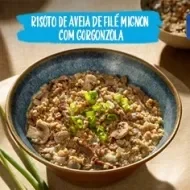 Fotografia da risoto e logo de Receitas Nestlé e Aveia