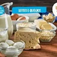 Fotografia com leite e queijo e o logo de Receitas Nestlé e Que Bem Que Faz.