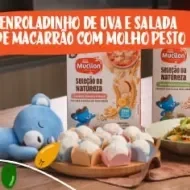 Fotografia de uma salada de macarrão e doce de uva e logo de Receitas Nestlé e Mucilon.