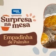 Imagem em tons claros com o título do programa Empadinha de Palmito com foto da receita e elementos de cozinha