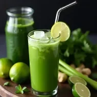 Copo de suco verde detox com gelo e rodela de limão, cercado por limões, gengibre e folhas verdes sobre tábua de madeira.