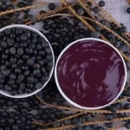 Tigela com polpa de açaí e tigela com frutas de açaí inteiras, sobre ramos com frutos dispostos em superfície clara.