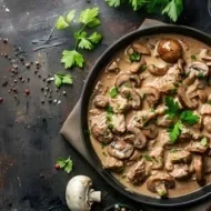 Prato de strogonoff de carne com cogumelos fatiados em molho cremoso, decorado com salsa fresca.