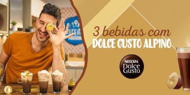 Imagem escrito 3 Bebidas com Dolce Gusto Alpino seguido do logo da marca e no lado esquerdo uma foto do Lucas com 3 bebidas.