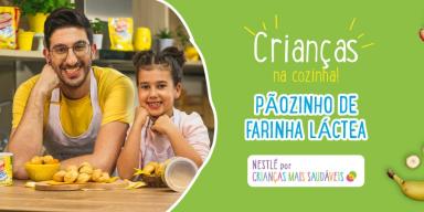 Luke e Estela com pãezinhos, texto “Crianças na Cozinha! Pãozinho de Farinha Láctea". 