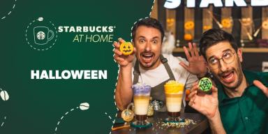 Imagem com o logo de Starbucks At Home escrito “Halloween”. À esquerda, foto do Dani e Luke.