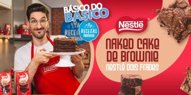 Montagem de um rapaz segurando um bolo em tom marrom ao lado dos dizeres com o nome do programa e os logos da marca