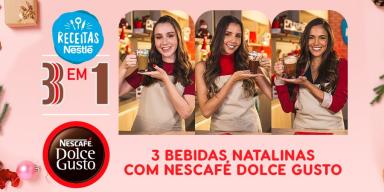 Montagem com três fotos de três mulheres segurando cada uma sua receita de bebida natalina e os dizeres do programa ao redor 