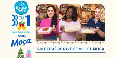 Montagem com três mulheres lado a lado segurando receitas em mãos, além dos dizeres do programa, logotipos e imagens de natal