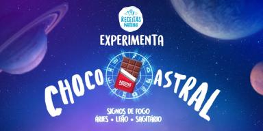 Imagem em tom roxo do céu com alguns planetas, uma barra de chocolate ao centro e um mulher com um braço levantado e dizeres